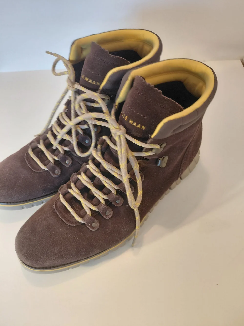 Cole Haan Men's Brown Suede Hiker Boots with Yellow Trim